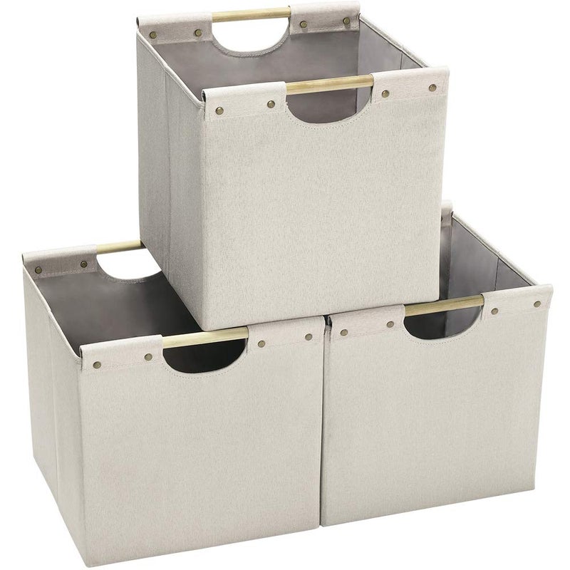 HOONEX Collapsible Storage Bins, 13x13x13in Storage Cubes Linen Fabric, 3 Pack, Storage Baskets with Wooden Carry Handles and Sturdy Heavy Cardboard, for Home, Office, Car, Nursery, Beige - Image 1
